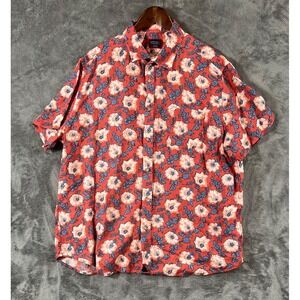 UNTUCKit Shirt Mens 2XL Orange Red Floral 100% Linen Button Up Short Sleeve